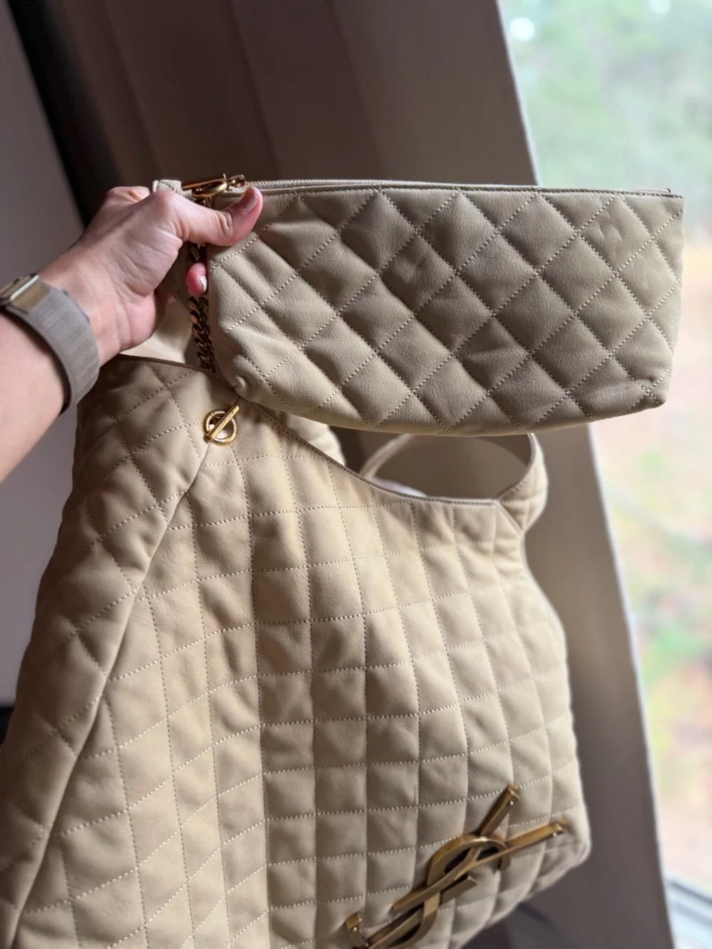 Saint Laurent Quilted Tote in Olive with Gold YSL Hardware - Picture 4 of 8